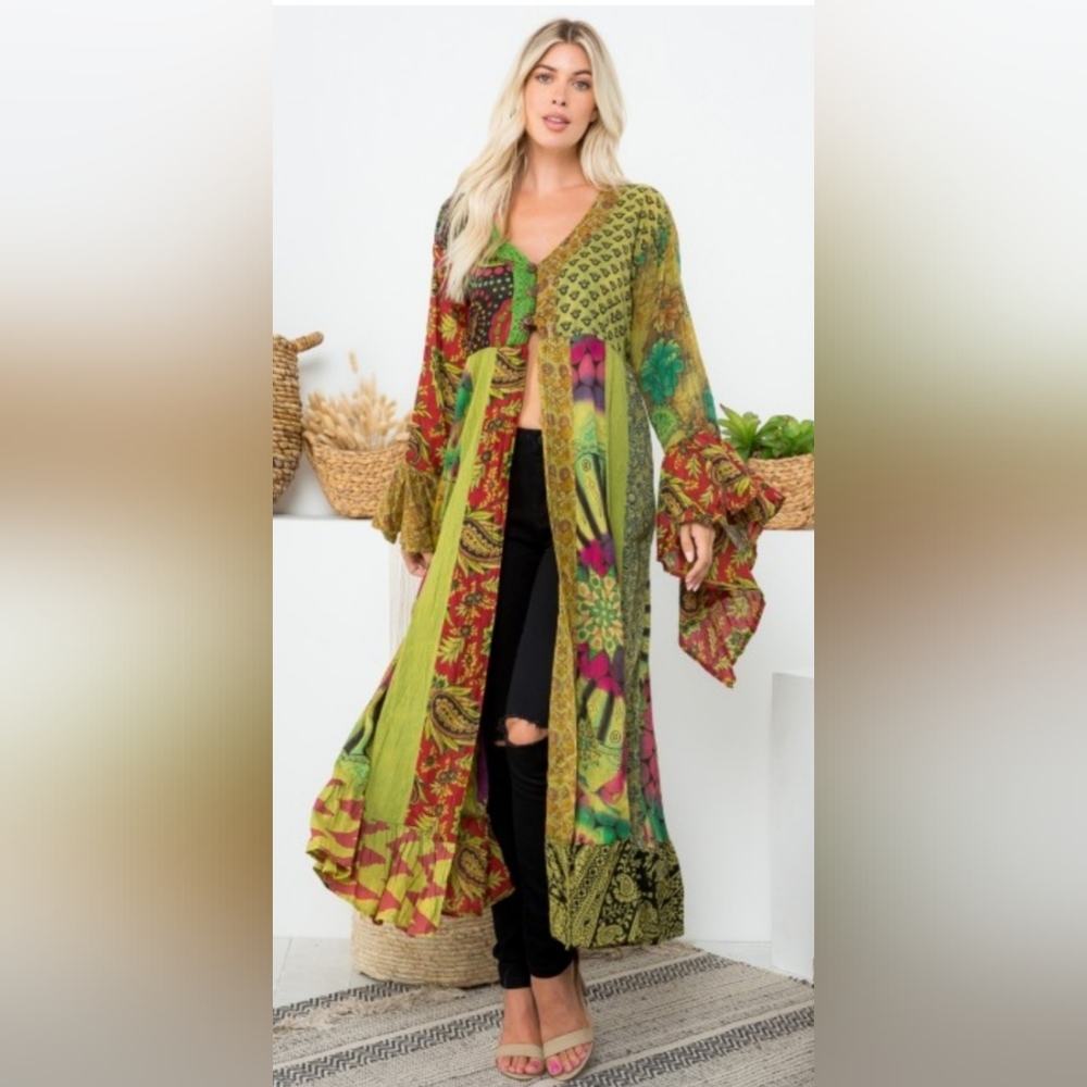 Kathmandu Olive and Black Floral Kimono